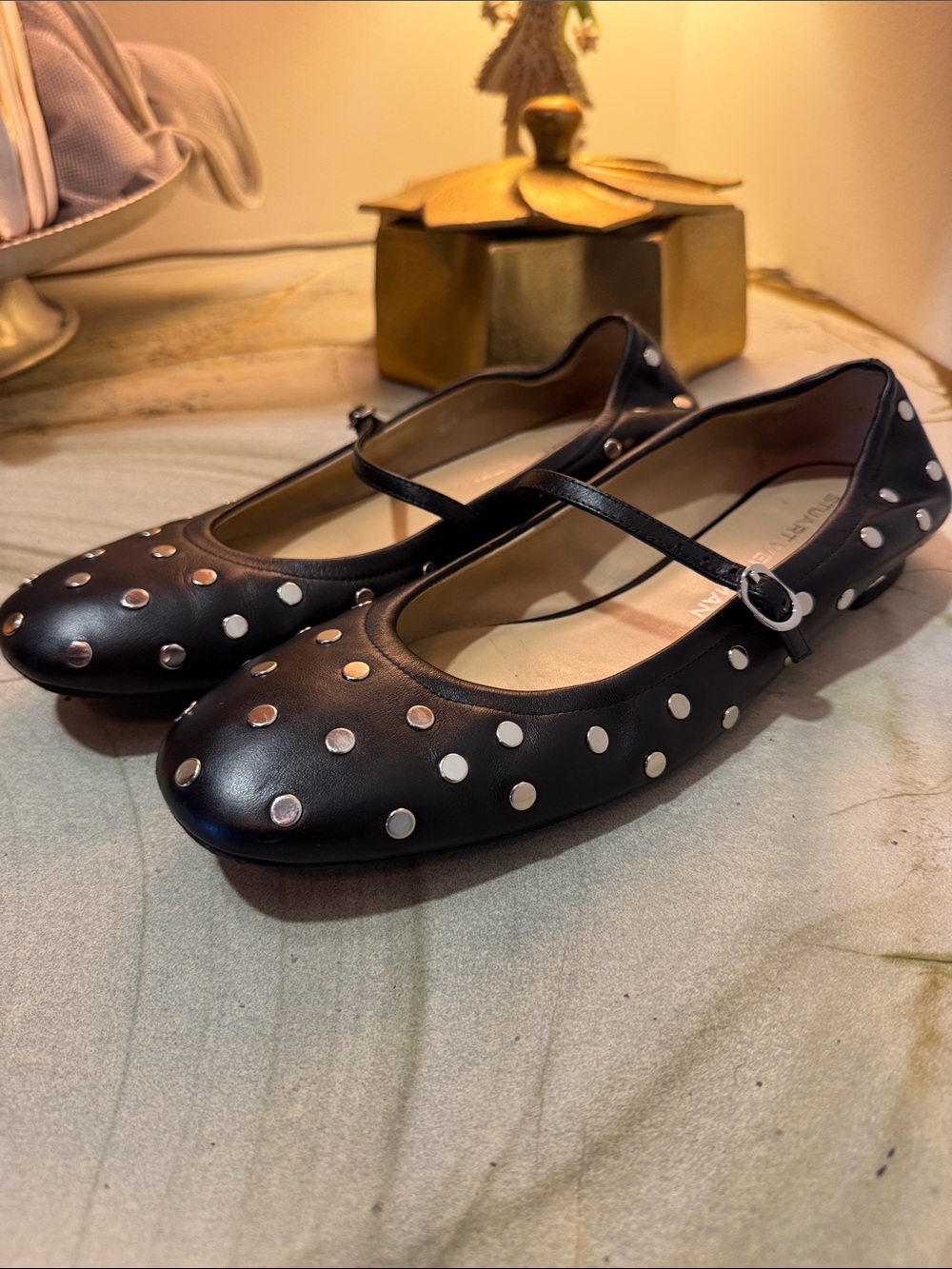 Stuart Weitzman Black Mary Jane Flats with Silver Studs